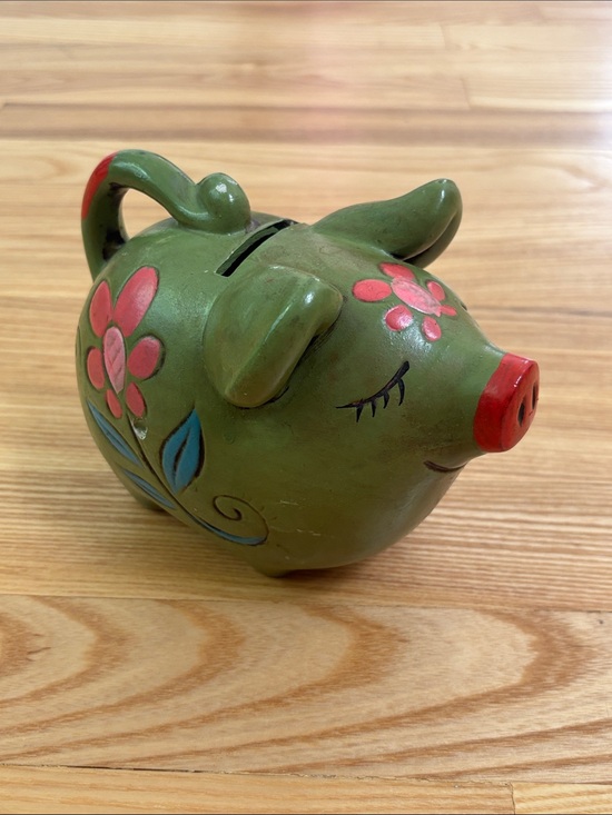 Vintage Other - Vintage 1970s Groovy Green Floral Ceramic Piggy Bank Hand Painted Pink Daisies